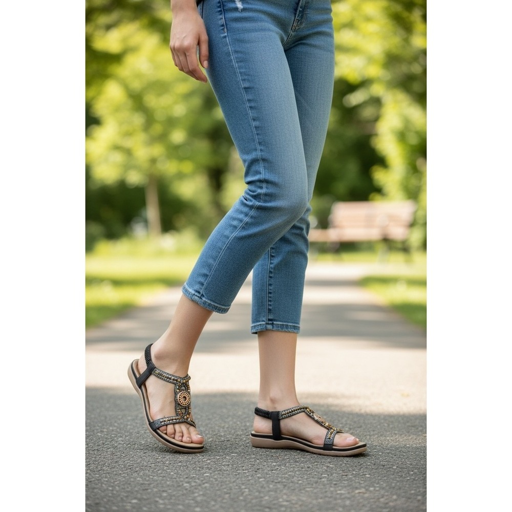 Shibever Women Boho Beaded T-Strap Flat Sandals Black Size 42 US 11.5